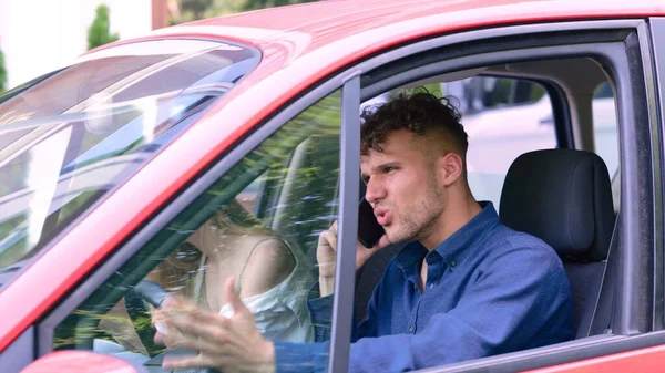 Close Caucasian Young Handsome Man Sitting Car Girlfriend Talking Cellphone — Stock fotografie