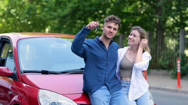 Caucasian Married Couple Man Woman Have Bought New Red Car — Fotografia de Stock