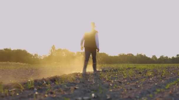 ラバーブーツのフィールド間を歩くわら帽子の農家のバックビュー 有機食品 地上肥沃な 生態系 農業ビジネスの概念 リアルタイム — ストック動画