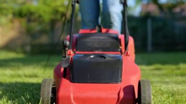 Çim biçme makineli bahçıvan yeşil çim biçiyor. Bahçıvan çim biçme makinesini itiyor. Bahçe işleri konsepti. Gerçek zamanlı.