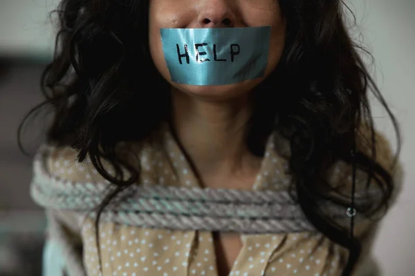 Kidnapped Lady Tape Her Mouth Inscription Help Tied Rope Close — Stock Photo, Image
