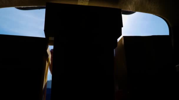 Wiele Pudełek Tekturowych Wagonie Bagażowym Podczas Gdy Mężczyzna Kierowca Kurierski — Wideo stockowe
