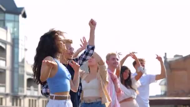 Hombres Mujeres Jóvenes Sonrientes Que Pasan Tiempo Fiesta Aire Libre — Vídeos de Stock