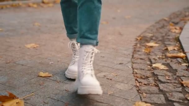 Beyaz Çizmeli Pembe Ceketli Gülümseyen Hoş Bir Kadın Şehir Parkının — Stok video