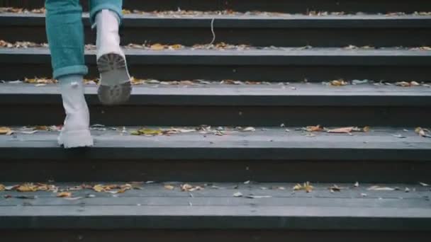 Kobieta Wchodząca Drewniane Schody Parku Eleganckich Białych Butach Jesienny Miejski — Wideo stockowe