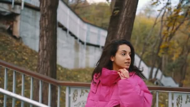 Giovane Signora Elegante Giacca Rosa Salendo Scale Legno Nel Parco — Video Stock