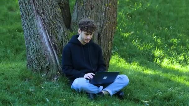 Iemand Die Laptop Gebruikt Typt Terwijl Hij Het Stadspark Zit — Stockvideo