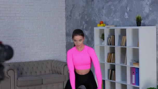 Active Athlete Young Lady Warming Doing Legs Stretching Exercises Home — Stock Video