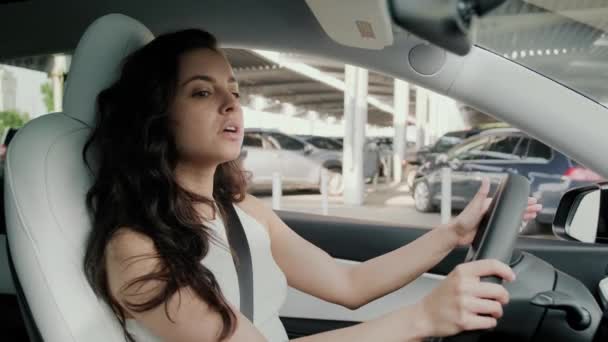 Emniyet Kemeri Takan Şehirde Araba Kullanan Mutlu Bir Bayan Yaya — Stok video