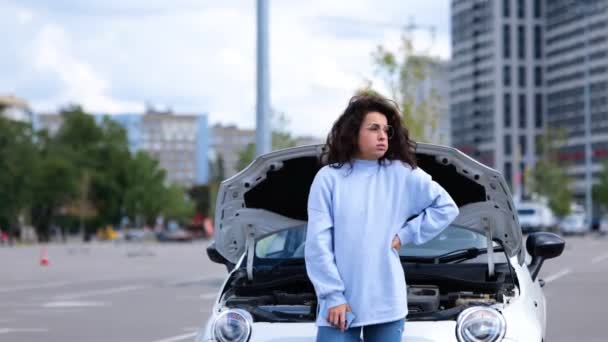 Portrait Beautiful Young Woman Standing Outdoor Broken Car Waiting Help — Stock Video