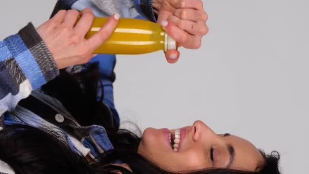 Smiling Pretty Female Going Drink Fresh Juice While Opening Bottle — Stock Video