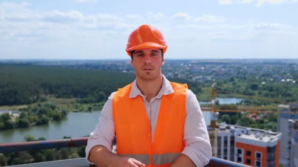 Smiling Builder Arms Crossed Wearing Helmet Posing Camera While Standing — Stock Video