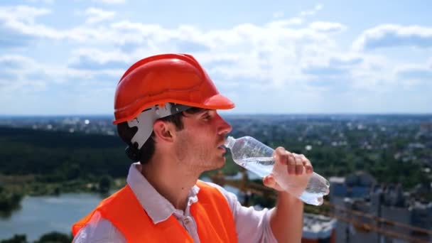 Building Manager Hardhat Working Construction Site Outdoors Drinking Water Side — Stock Video