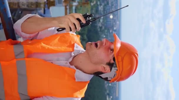 Smiling Builder Supervisor Hardhat Standing Roof Construction Site While Using — Stock Video