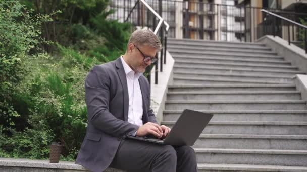 Businessman Glasses Typing Laptop While Working Online Outdoors Business Communication — Stock Video