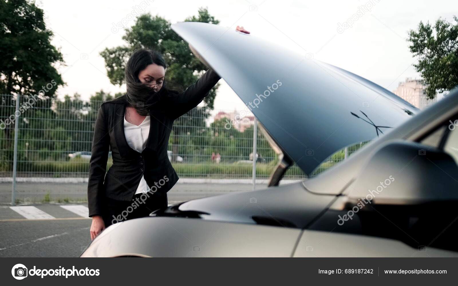 Young Lady Standing Broken Car Popped Hood Outdoors Breakdown Repair