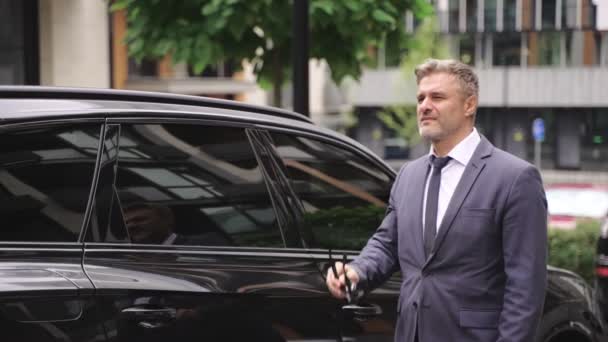 Homem Negócios Elegante Tirando Óculos Sol Posando Perto Carro Livre — Vídeo de Stock