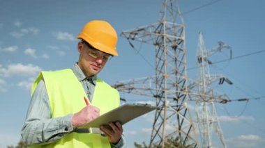 Enerji denetçisinin belden yukarı portresi. Elektrik direğinin yanında dururken panoya bir şey yazıyor. Yavaş çekim