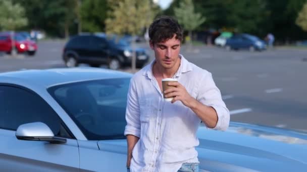 Happy Stylish Guy Leaning Hood His Car While Enjoying Hot — Stock Video