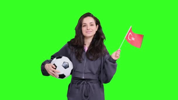 Happy Young Female Fan Posing Waving Turkish Flag While Holding — Stockvideo