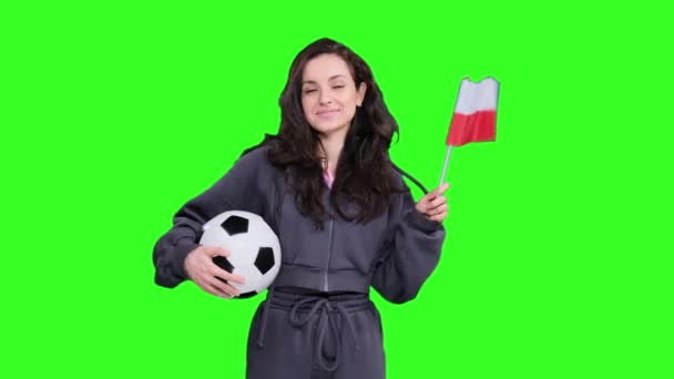 Happy Pretty Young Female Fan Posing Polish Flag While Holding — ストック動画