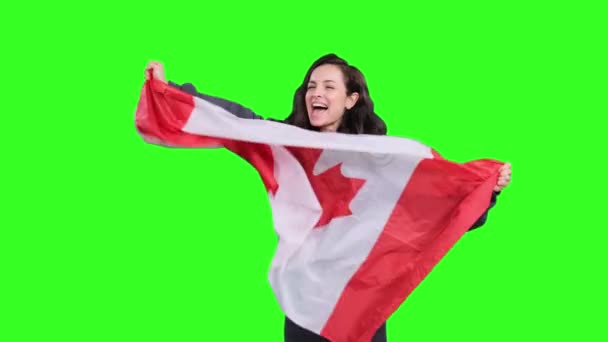 Young Woman Holding Canadian Flag Smiling Happily Green Isolated Support — Video Stock