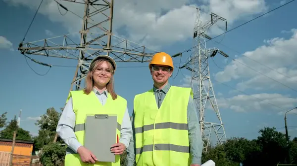 stock image Smiling power line inspectors with clipboard and pleased colleague with drawings standing near transmission towers during site inspection. Dolly shot