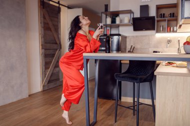 Oldukça baştan çıkarıcı bir kadın mutfakta ipeksi pijamalarıyla kırmızı şaraptan zevk alıyor. Mola, hafta sonu, tatil