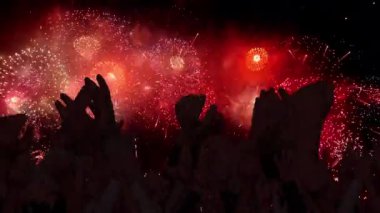 Fireworks display and people are having fun dancing in concert. Loopable. 422 ProRes HQ. 01.
