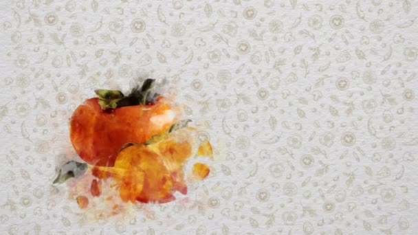 Akvarellszínű Gyümölcsök Zöldségek Persimmon Szöveg Lehet Írni Jobb Oldalon Vagy — Stock videók