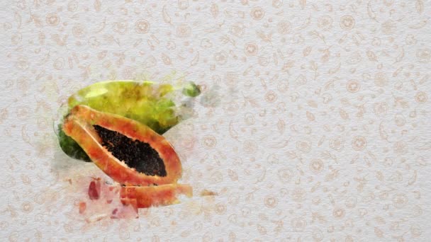 Akwarela Owoce Warzywa Papaja Tekst Cena Mogą Być Pisane Prawej — Wideo stockowe