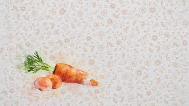 Акварельные Фрукты Овощи Морковь Текст Цена Могут Написаны Правой Верхней — стоковое видео