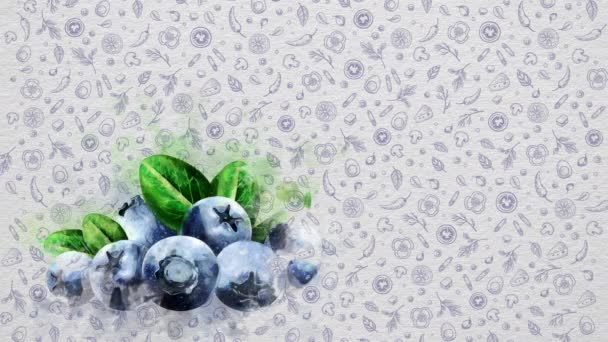 水彩水果和蔬菜 蓝莓文字和价格可以写在图像的右侧或顶部 营养价值是可以书写的 或者标志可以被放置 — 图库视频影像