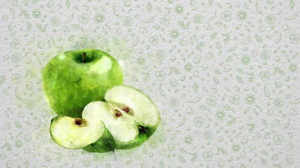 Υδατογραφία Φρούτα Και Λαχανικά Πράσινο Μήλο Κείμενο Και Τιμή Μπορούν — Φωτογραφία Αρχείου