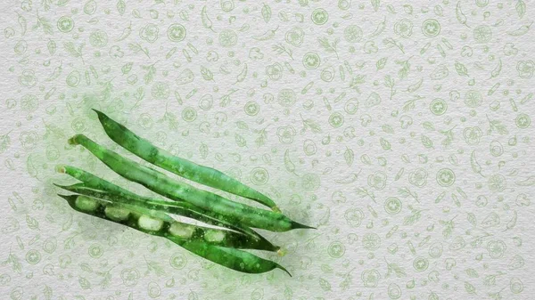 Watercolor Fruits and Vegetables. Green Bean. Text and Price can be Written on the Right Side or Top Side of the Image. Nutritional Values can be Written. Or Logo can be Put. 31.