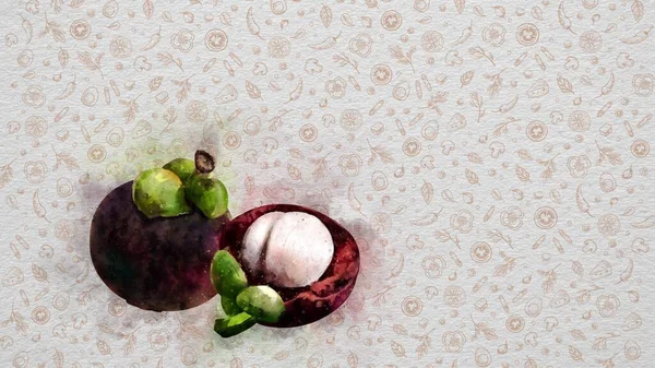 Akvarell Frukt Och Grönsaker Jag Heter Mangosteen Text Och Pris — Stockfoto