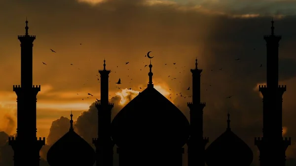 Tramonto Moschea Silhouette Birds Volare Intorno Alla Moschea — Foto Stock