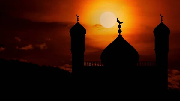 Sonnenuntergang Und Moschee Silhouette Vögel Fliegen Die Moschee — Stockfoto