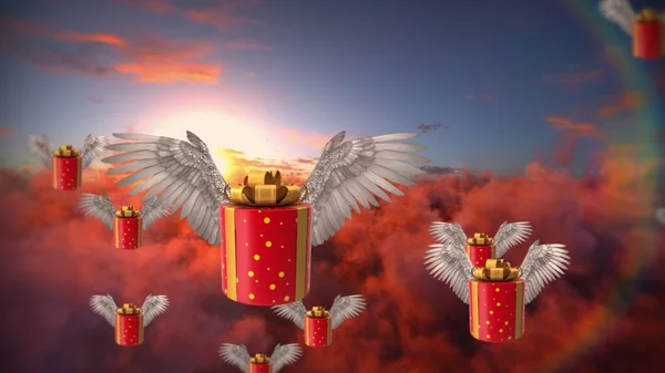 Skrzynki Podarunkowe Angel Winged Pudełka Anielskimi Skrzydłami Lecą Nad Chmurami — Zdjęcie stockowe