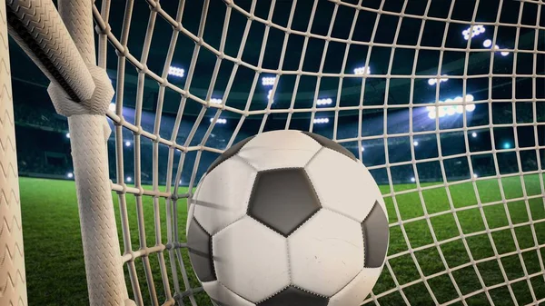 フットボール スタジアム サッカーボールがネットに飛び込む ボールはゴールに入りゴールを決め — ストック写真