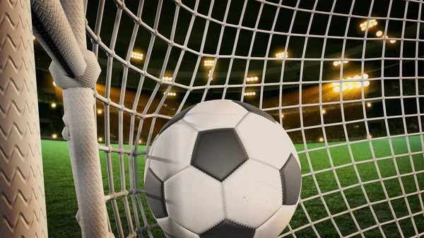 フットボール スタジアム サッカーボールがネットに飛び込む ボールはゴールに入りゴールを決め — ストック写真