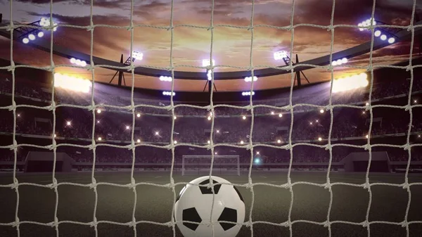 Voetbalstadion Voetbal Bal Vliegt Het Net — Stockfoto