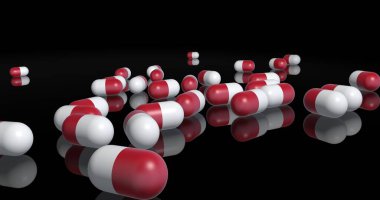 3D Düşen Kapsüller. Siyah arkaplan üzerine düşen kapsüller.