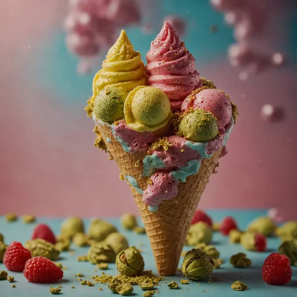 다양한 개념을 특징으로하는 다양한 과일로 준비된 아이스크림 스톡 사진