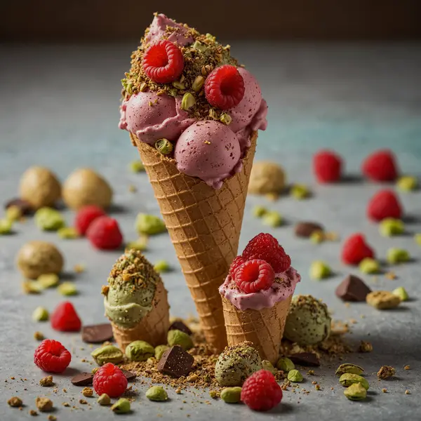 다양한 개념을 특징으로하는 다양한 과일로 준비된 아이스크림 로열티 프리 스톡 이미지