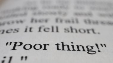 Zavallı şey açık kitap sayfasında metin, seçici odaklanma, kapama, kötü mesajın makro çekimi, eğitim fikri ve yeni konsept, oturma manzarası