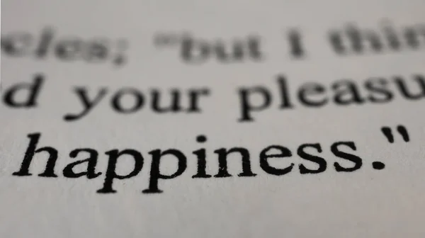 Boldogság Szöveg Nyílt Könyv Oldalon Közelkép Makró Lövés Boldogság Szó — Stock Fotó