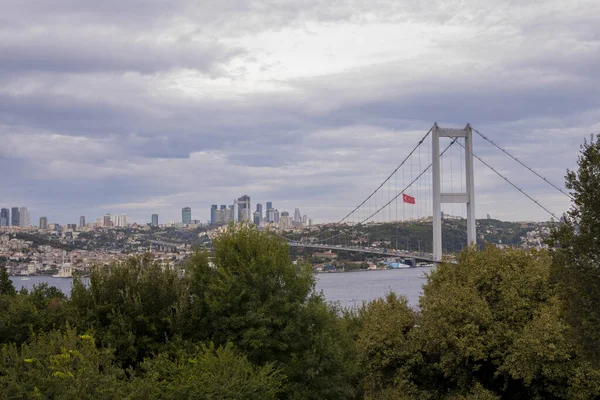 伊斯坦布尔博斯普鲁斯海峡和景观从Nakkastepe国家花园 树木和多云天气 伊斯坦布尔旅游横幅 7月15日烈士桥 交通理念 — 图库照片