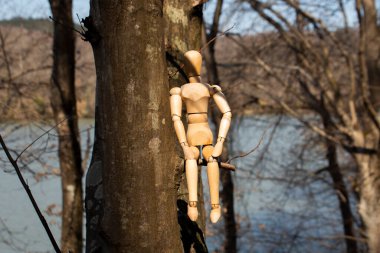 Ağaç dalında oturan tahta manken, ağaç gövdesinde tahta kukla, seçici odak, sonbahar konsepti, orman ve arka planda bulanık göl.