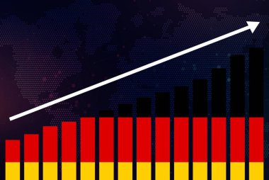 Almanya bar grafiği, artan değerler, gelişmekte olan ülke kavramı, bar grafiğinde Almanya bayrağı, verilerde yükselen ok, haber afişi fikri,